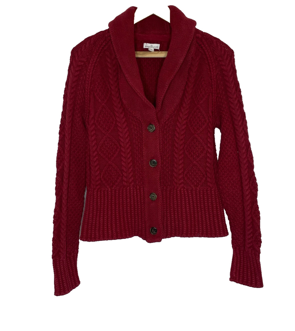 Women's XS L.L.Bean Signature Red Cable Knit Cotton Shawl Collar Cardigan